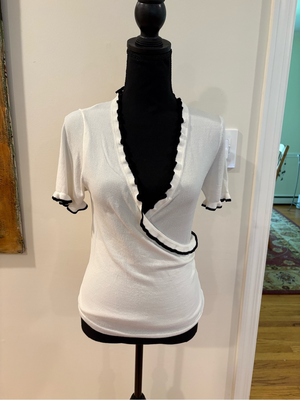 Anne Fontaine White Ruffle-Trim Wrap Top with Black Contrast